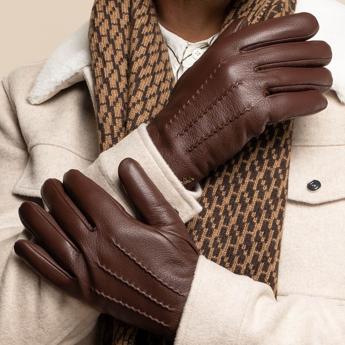 Jaxon (brown) - Goatskin leather gloves with luxurious faux fur lining & touchscreen feature - Image 13