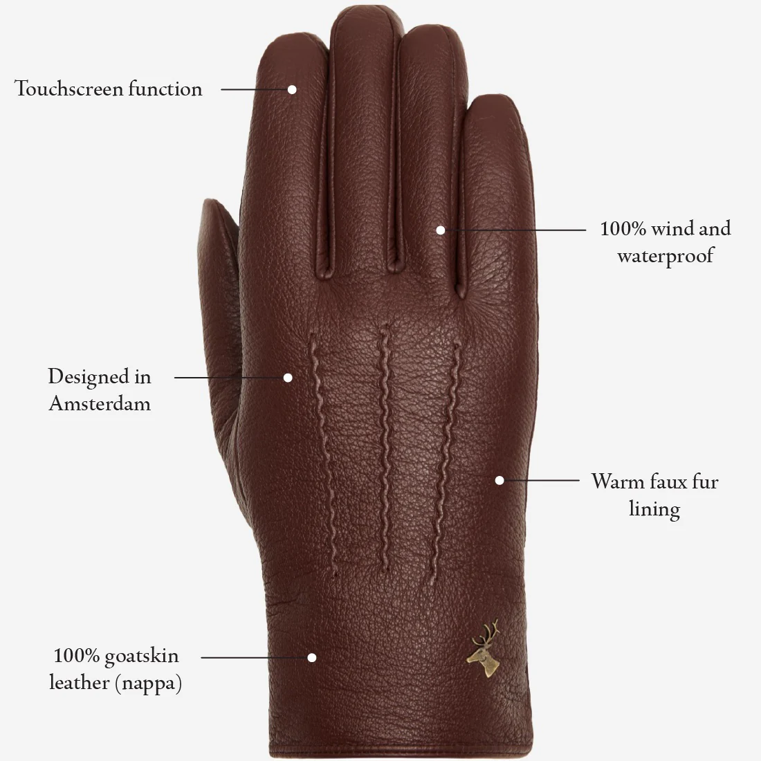 Jaxon (brown) - Goatskin leather gloves with luxurious faux fur lining & touchscreen feature - Image 14