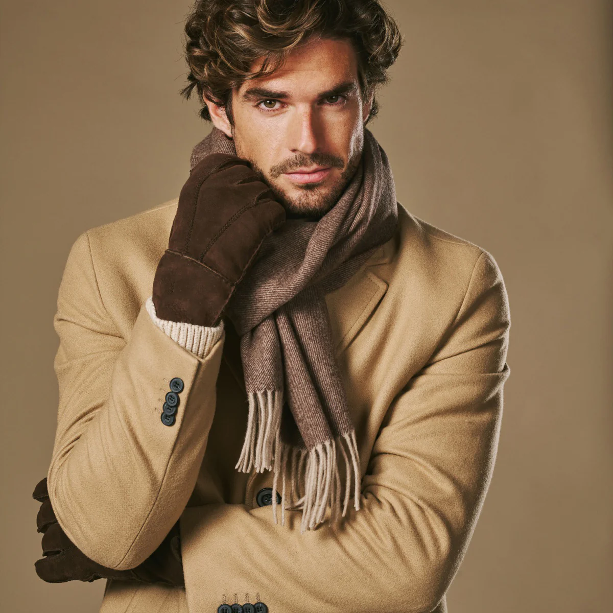 Taylor (brown) - Men's patchwork sheepskin gloves with warm sheep fur lining - Image 7