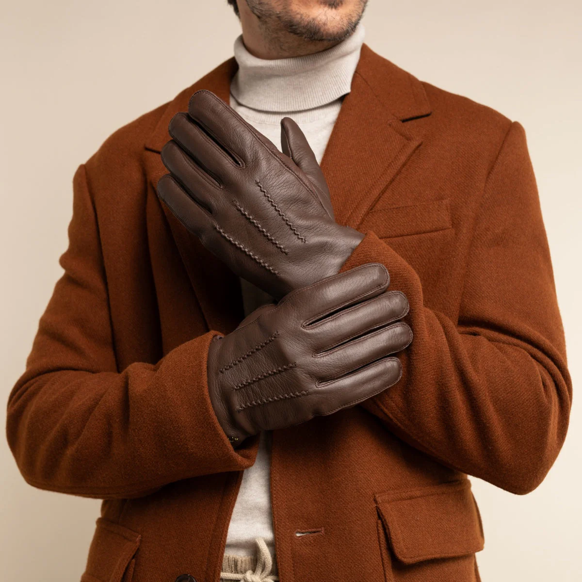 William (brown) - Goatskin leather gloves with warm fleece lining and press-stud - Image 8
